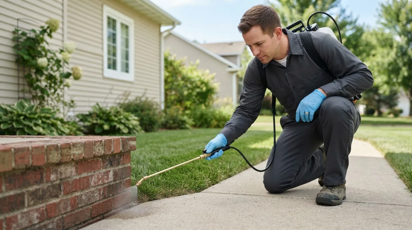 Pest control technician treating a home near Cedar Hill, MO